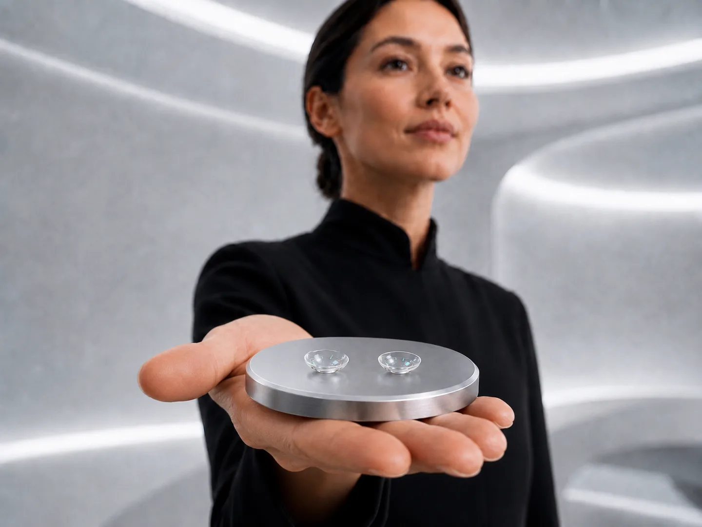 Une chercheuse présente deux lentilles de contact connectées sur un disque de métal brossé : la technologie au moment de rencontrer le regard